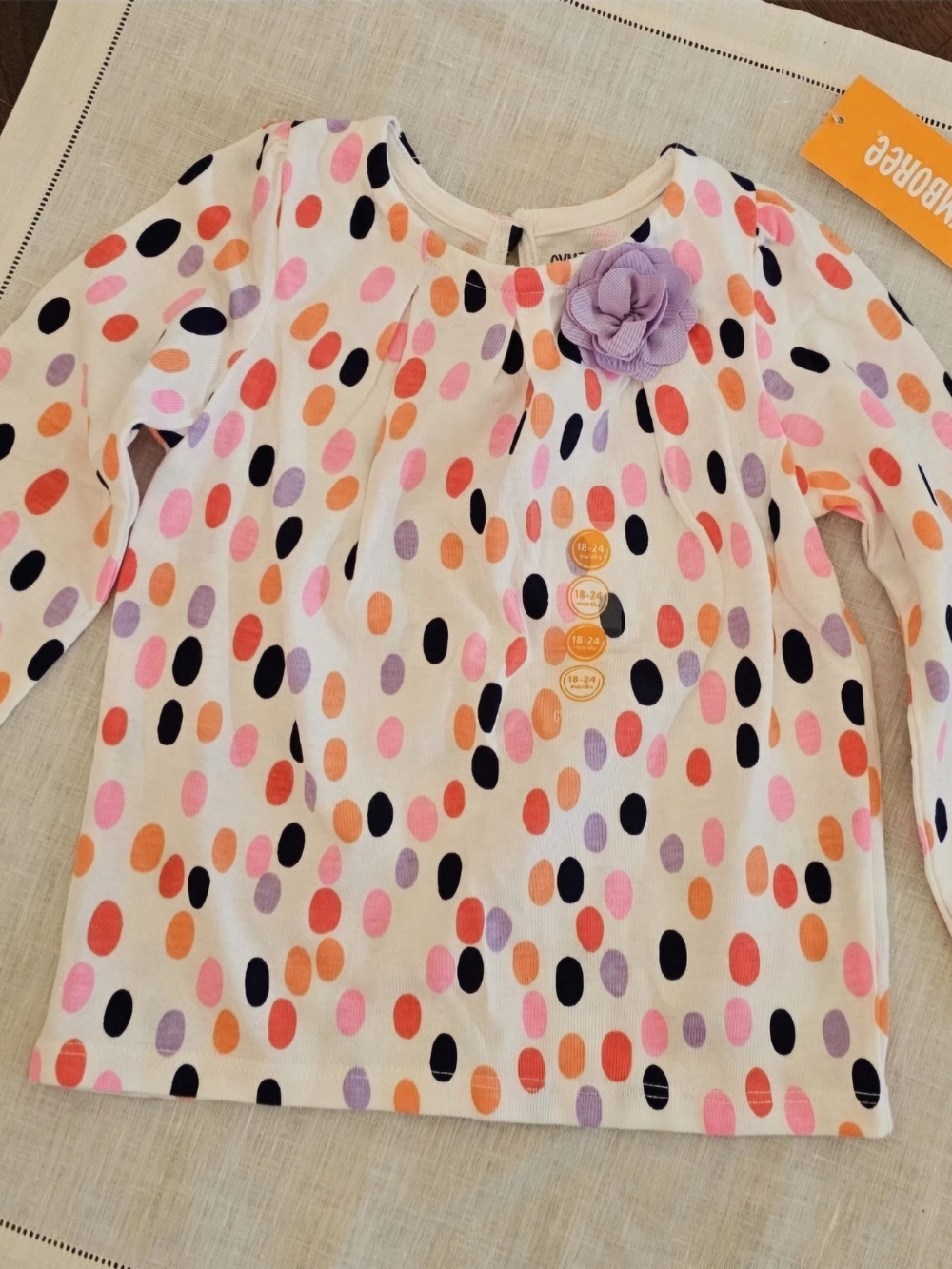 Gymboree Girls White Long-Sleeve Polka Dot Top w/ Lavender Flower Detail 24M